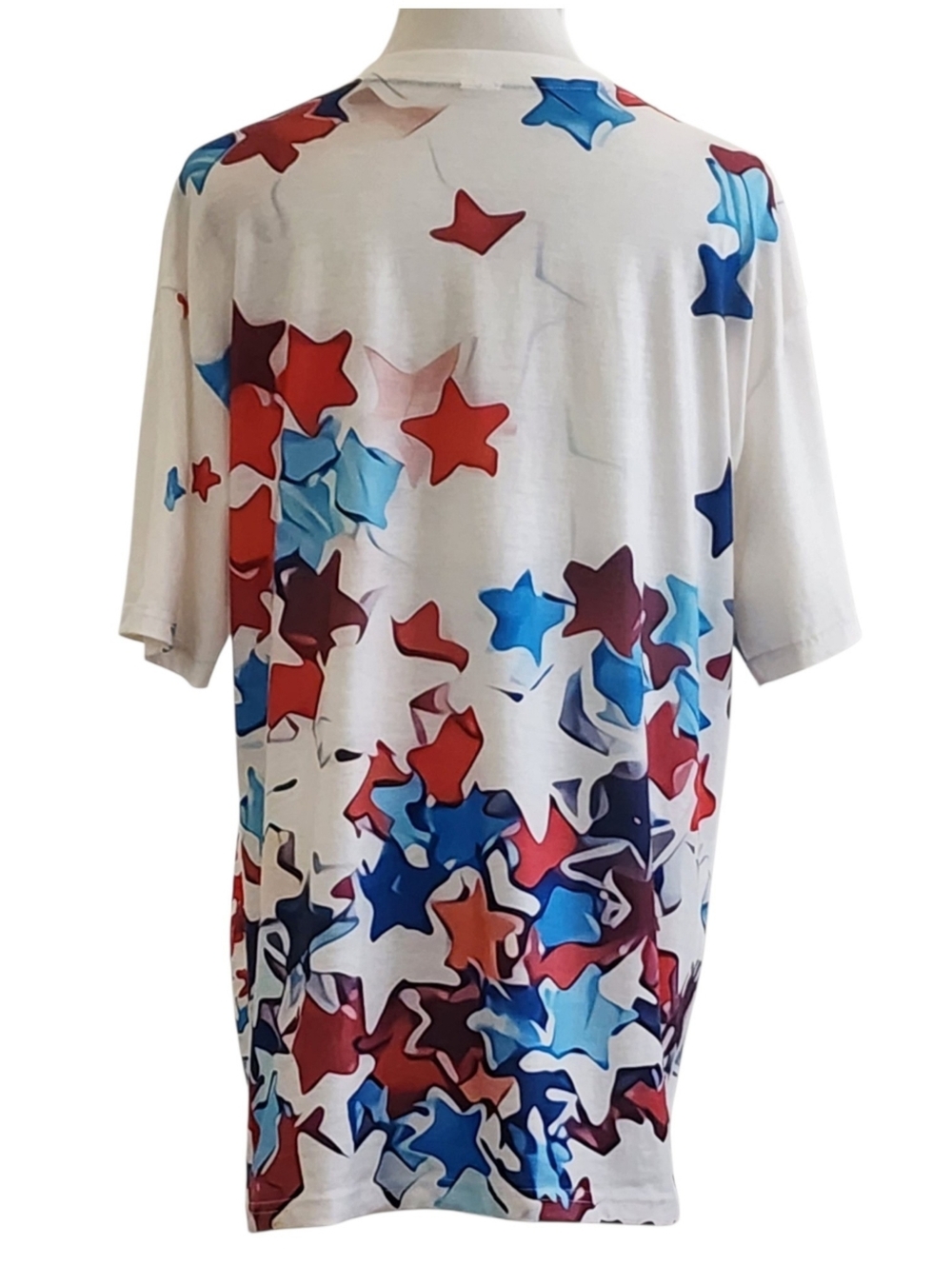 Patriotic white v-neck red white & blue star print soft fabric women’s top - Picture 4 of 11
